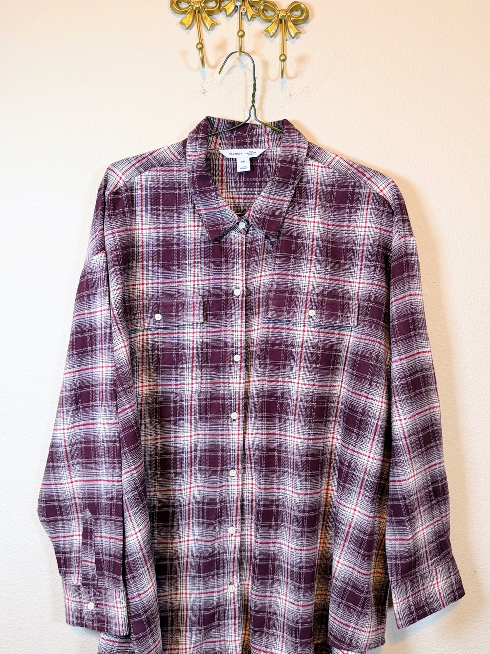 Old Navy Boyfriend Fit Burgundy & White Plaid Button-Down Shirt. Size XXL